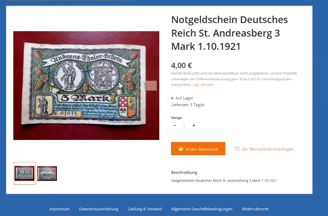 Alter Notgeldschein im Onlineshop https://guenstig.com 