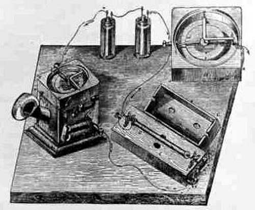 Erfindung des Telefons: Zeichnung der Versuchsanordnung von Philipp Reis